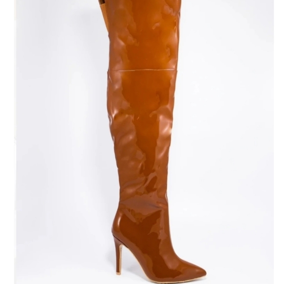 Danger Danger Brown Patent Wide Top Thigh High Heel Boots